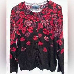 Karen Scott Black Cardigan with Red and Pink Rose Print